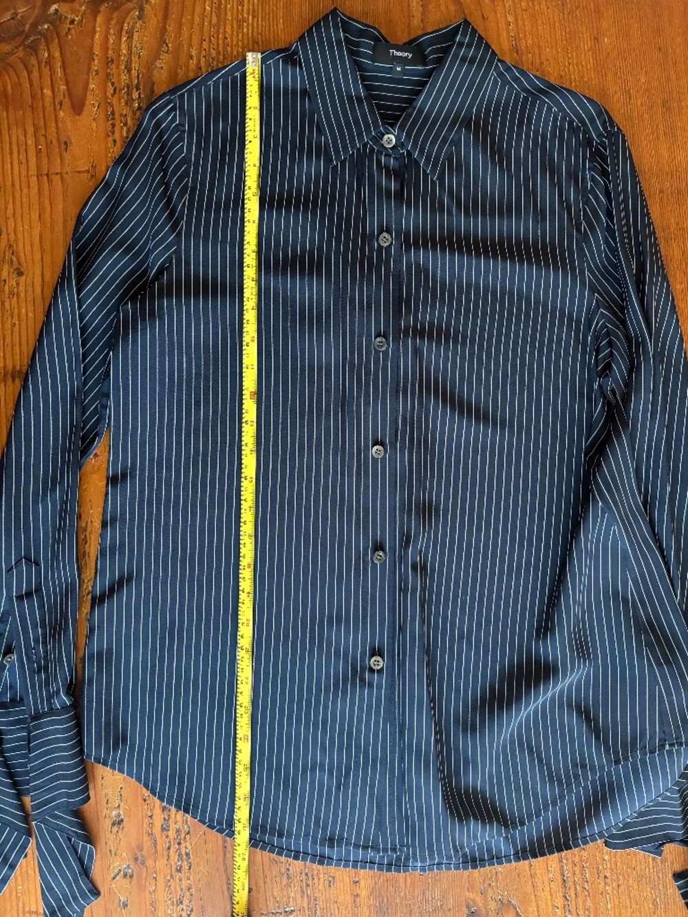 Theory 100% Silk Pinstripe Tie Cuff ShirtNavy Blue Shirt Size Med Long Sleeve - Picture 8 of 10